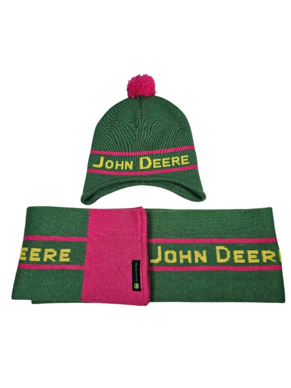 John Deere Winter Knit Hat Pom Beanie & Scarf Set Pink Green Yellow One Size